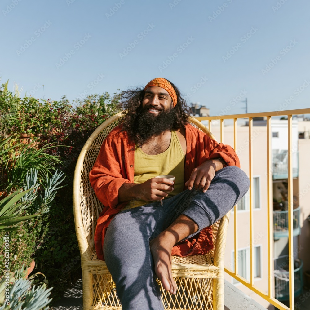 Fototapeta premium Boho styled man with headband relaxing on a sunny balcony chair holding coffee for bohemian lifestyle background and social media wellness design