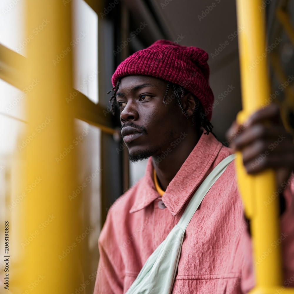Obraz premium Young man portrait on city bus wearing red beanie and pink jacket for urban commuter portrait background