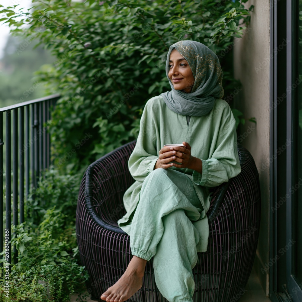 Fototapeta premium Seated woman in soft green outfit and patterned hijab on leafy balcony holding a mug for cozy morning lifestyle portrait