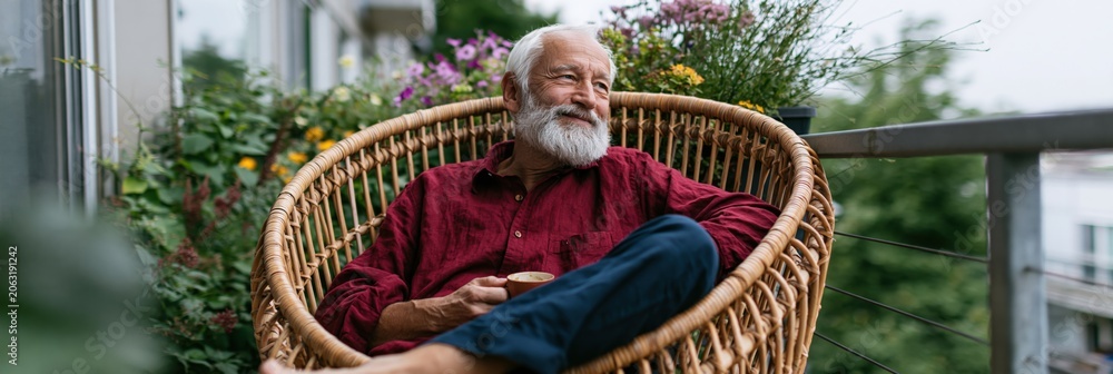 Fototapeta premium Elderly man relaxing in wicker chair on leafy balcony with plants for lifestyle background and wellness banner design