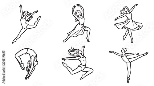 Elegant minimalist line art illustrations capturing the dynamic grace and athletic beauty of female dancers in various ballet and contemporary poses