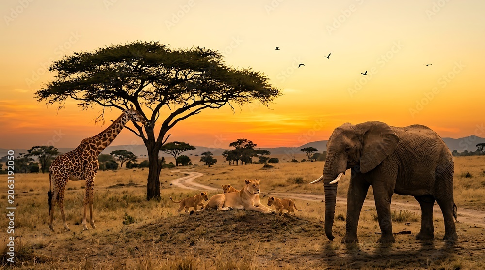 Obraz premium Majestic african sunset with wild animals including elephants giraffes and lions in natural habitat