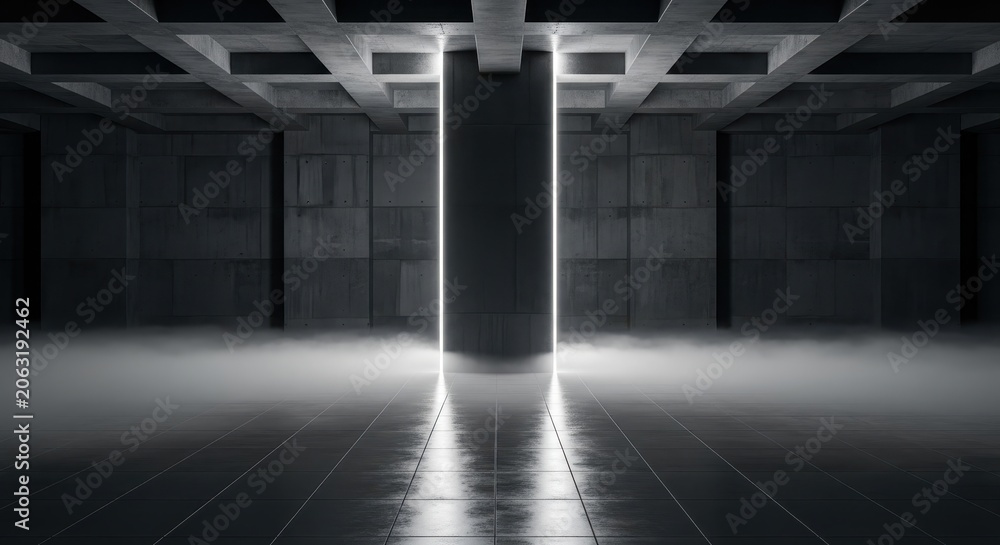 Naklejka premium Futuristic Dark Concrete Interior with Neon Light and Fog in a Minimalist Industrial Hallway