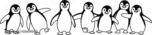 Foto Chubby baby penguins huddle together in a playful line during a bright day for c