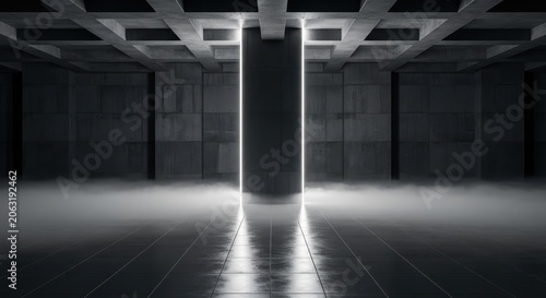 Futuristic Dark Concrete Interior with Neon Light and Fog in a Minimalist Industrial Hallway