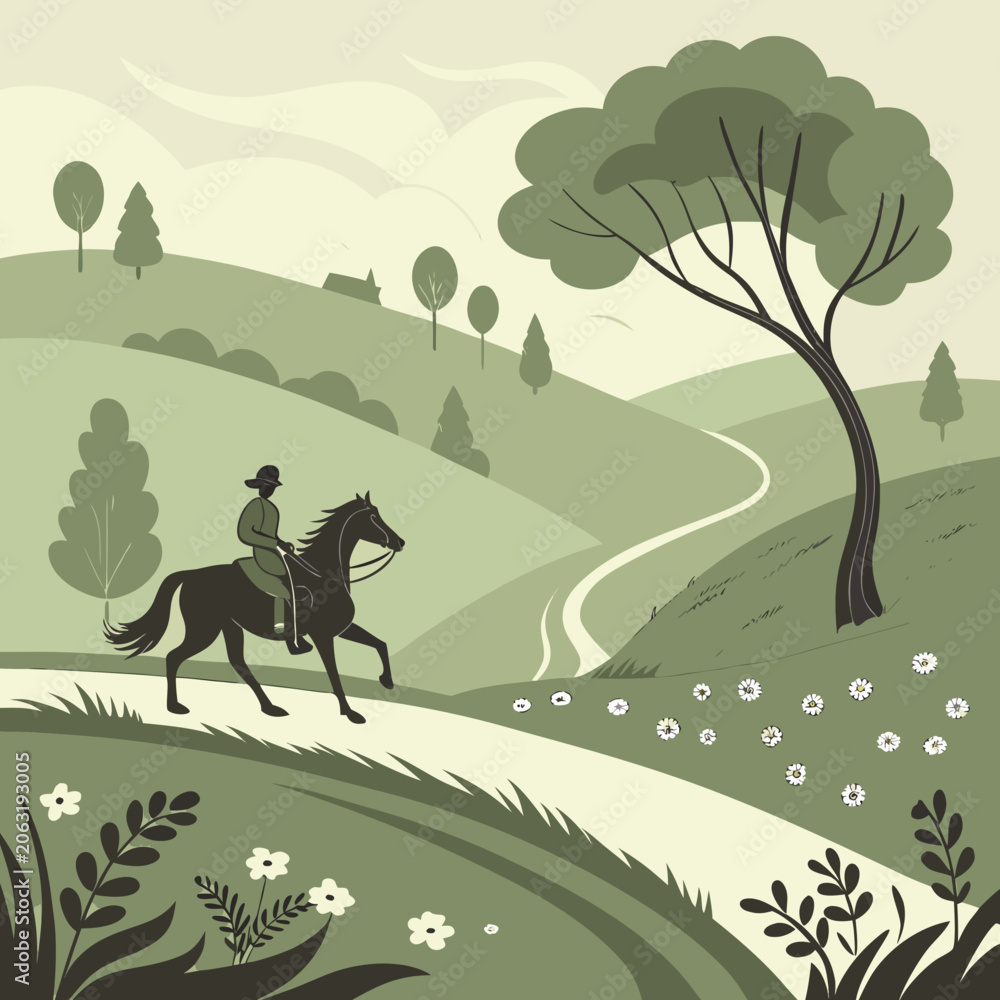 Obraz premium Person riding horse through countryside landscape illustration with equestrian landscape countryside illustration