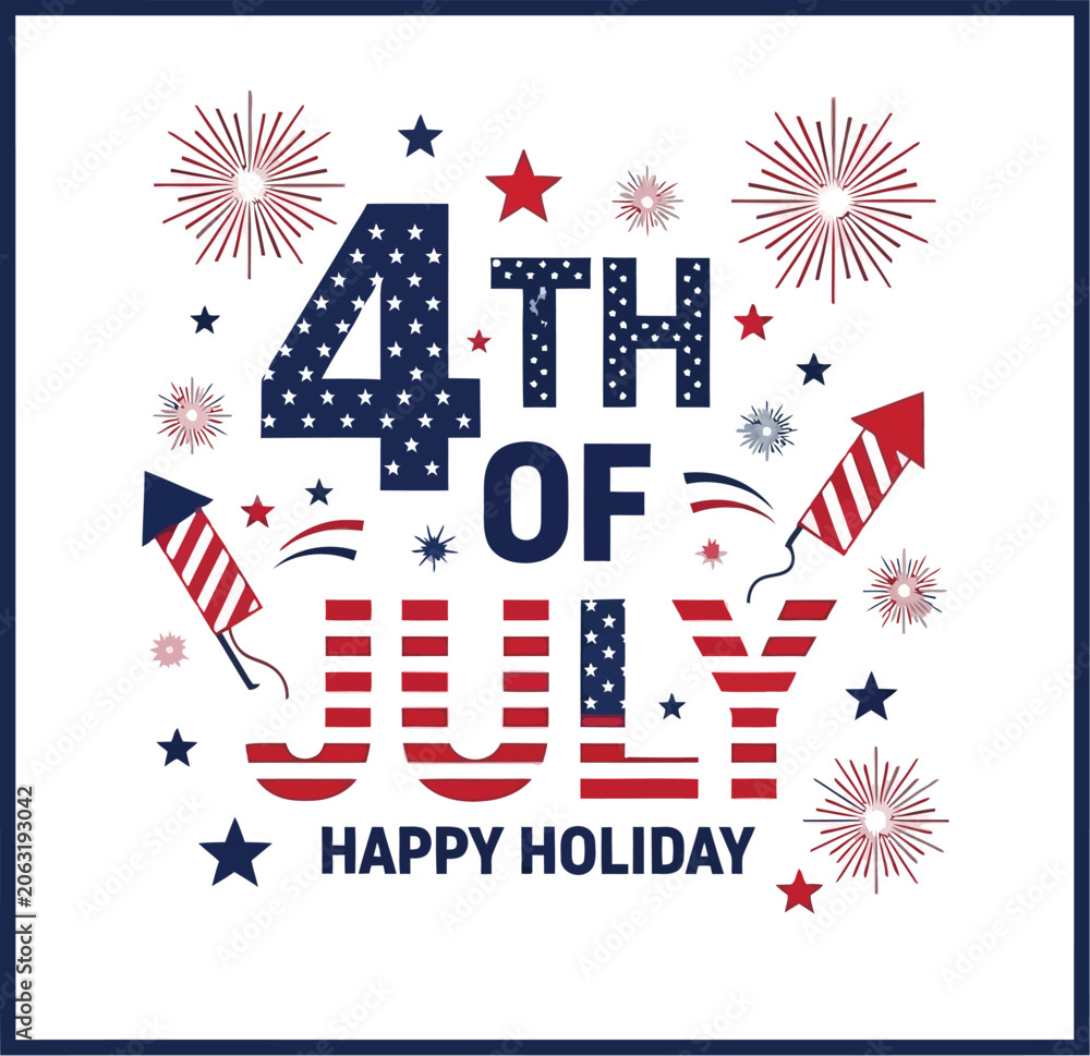 Obraz premium Independence Day celebration graphic features stylized fireworks and bold patriotic typography on a white square background.