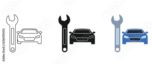 Three stylized wrench and car icons in different color schemes