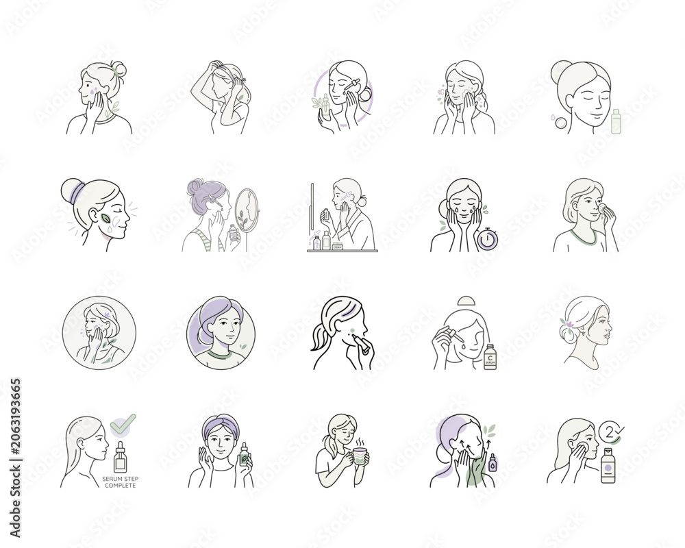 Fototapeta premium Woman Skincare Routine Steps Illustration or Skincare Application Steps Icon Design