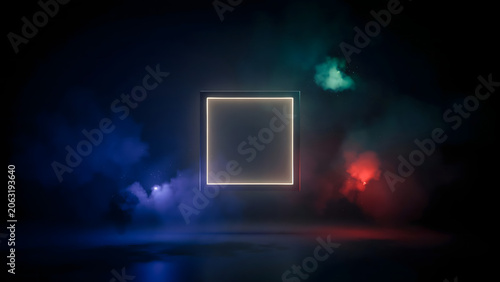 A glowing square frame, centered in a misty environment, surrounded by vibrant colors, created with generative ai