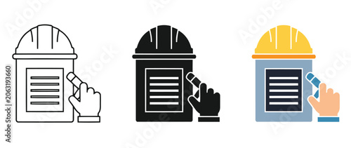 Construction Worker Using Tablet Near Safety Equipment Illustration With Hard Hat