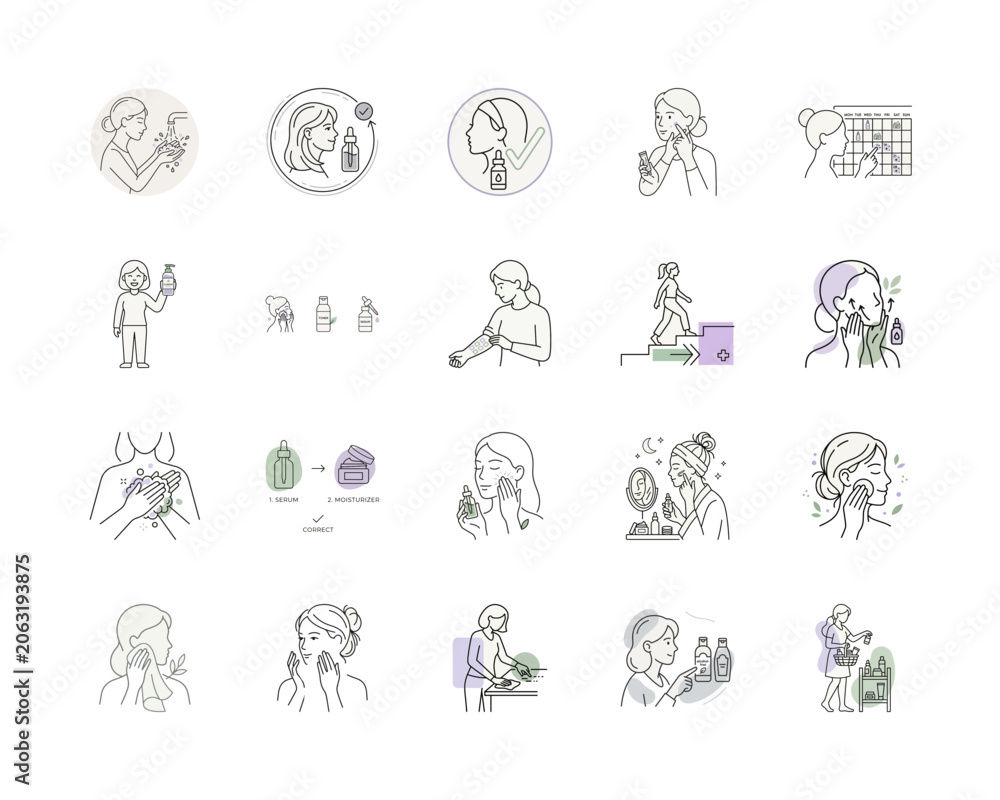 Fototapeta premium Woman Skincare Routine Icons or Skincare Steps Illustration Set