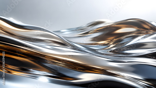 Abstract flowing liquid metal with reflective chrome surface and wavy texture.