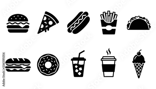 Schilderij op canvas Fast food silhouette icons collection burgers pizza hotdogs tacos fries donuts d