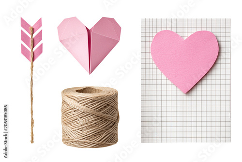 Valentine craft collage set with paper arrow, pink origami heart, baker’s twine and torn grid note paper isolated on transparent background, Clipart png