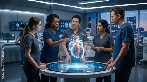 Group of healthcare professionals in a cardiology department collaborating around a holographic-style heart visualization, Father's Day
