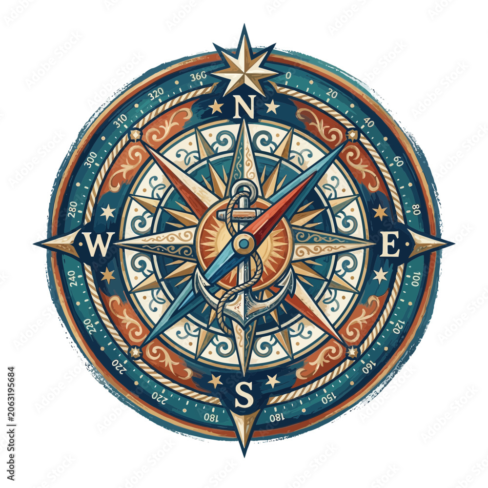 Obraz premium Antique Compass Rose Nautical Navigation Tool Vintage Style