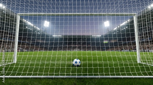 Soccer ball inside goal net at night stadium for football tournament broadcast graphic design