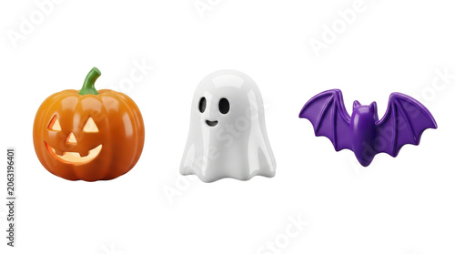 Realistic 3D rendering portraying three halloween icons separate on a blank backdrop