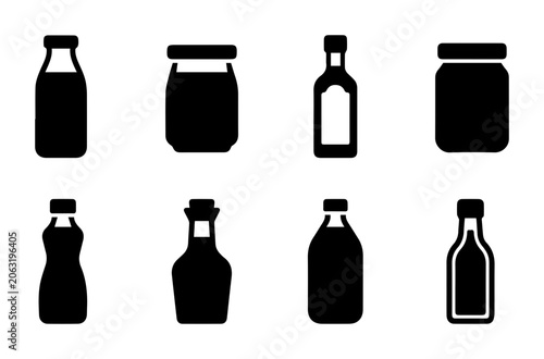 Set of 8 Black Glass Bottle and Jar Icons, Food and Drink Container Vector Graphics
