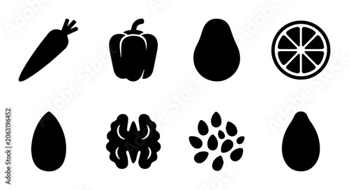 Simple Black and White Food Icons: Carrot, Pepper, Avocado, Citrus, Nut, Seeds, Vector Graphics for Healthy Eating and Nutrition