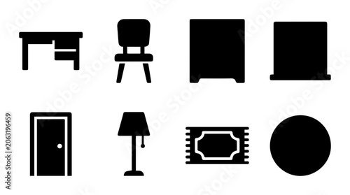 Office Furniture Icons, Home Decor Silhouettes, Interior Design Elements, Vector Set