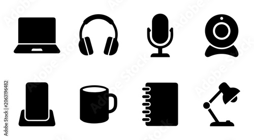 Modern Tech and Office Icons: Laptop, Headphones, Microphone, Webcam, Phone, Mug, Notebook, Desk Lamp