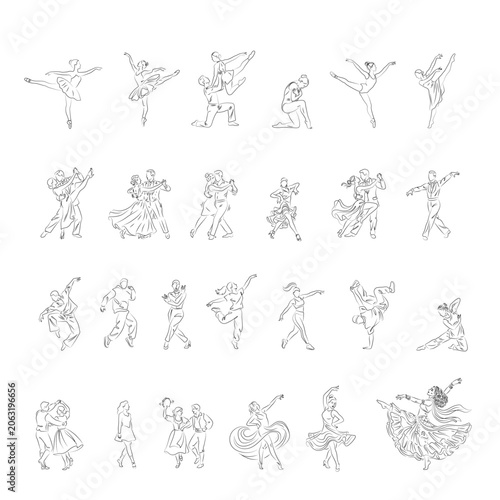 collection of line arts of dancers with different types of dances, from ballet to folk dances 