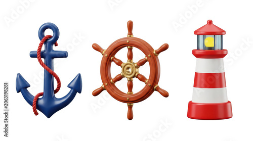 High-clarity display of marine theme icons anchor wheel structured for graphic design