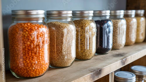 Glass jars filled with grains and legumes on wooden shelf