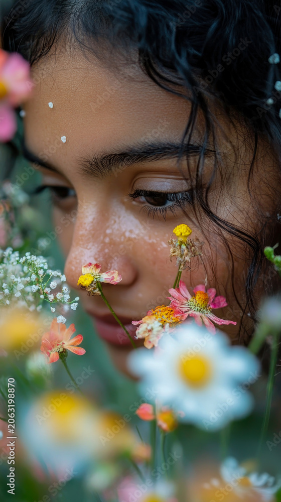 Fototapeta premium Close-up portrait of young woman with dark hair and dewy skin, gently surrounded by vibrant collection of small, colorful wildflowers in soft, dreamy, and natural outdoor setting.