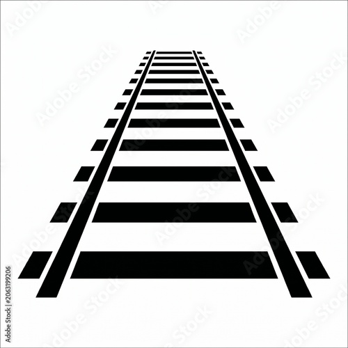 Stylized black‑and‑white illustration of railroad tracks converging toward horizon, geometric perspective symbolizing travel, direction, progress, and depth.