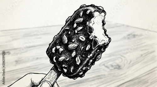 Detailed black‑and‑white drawing of bitten chocolate ice cream bar with nutty coating on wooden stick, showcasing texture contrast between rough exterior and creamy interior.