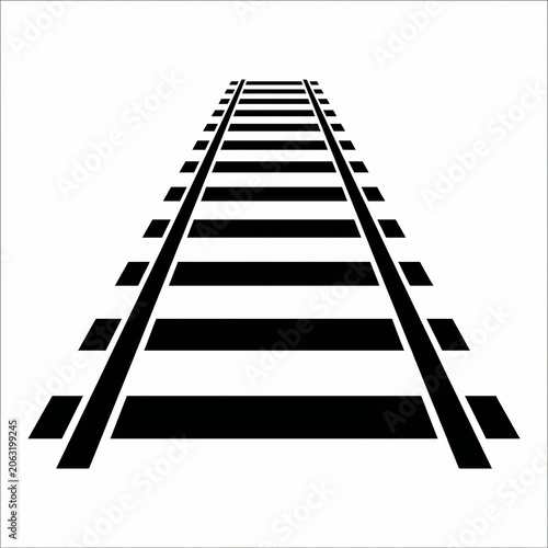Stylized black‑and‑white illustration of railroad tracks converging toward horizon, geometric perspective symbolizing travel, direction, progress, and depth.