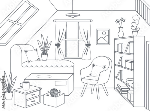 Attic Room Decoration Coloring Book Page