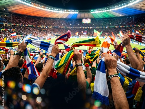 A lively crowd of world cup fans waving flags in a stadium, their hands raised in excitement and passion, celebrating a game with vibrant colors and cheering energy