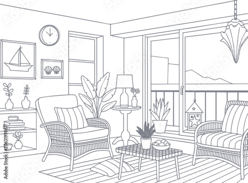 Coastal Living Room Decoration Coloring Book Page