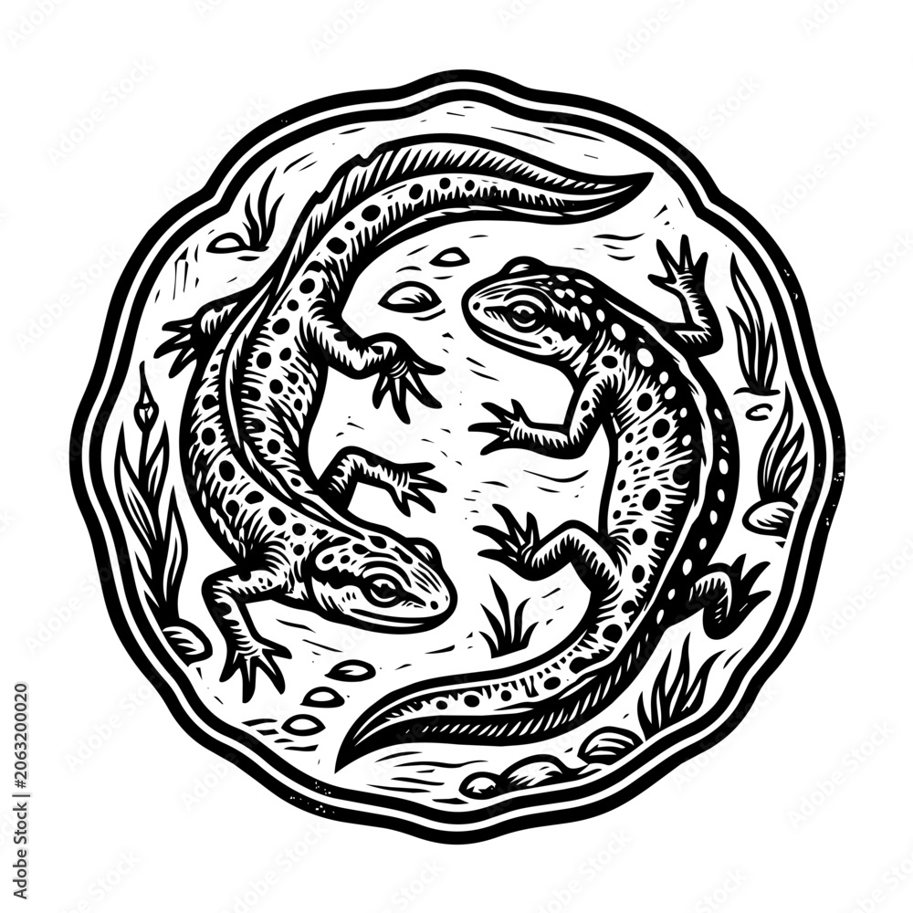 Obraz premium Vintage Woodcut Style Illustration of a Pair of Newts