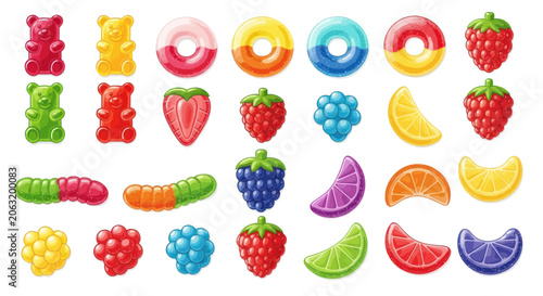 Colorful gummy candy set featuring bears worms rings and fruit shapes