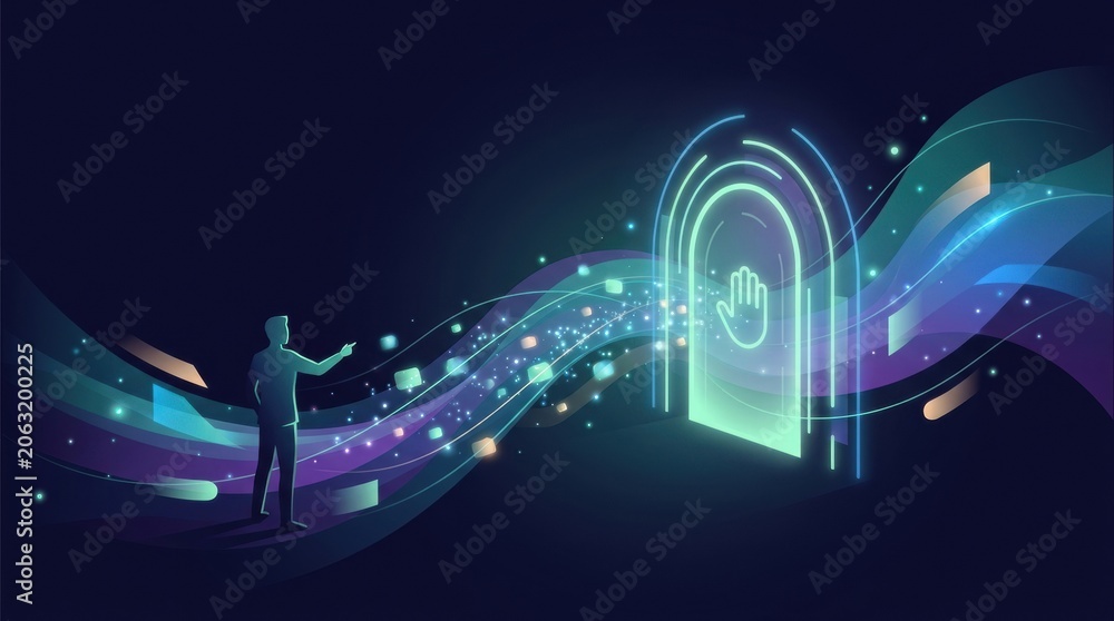Fototapeta premium A person stands before a glowing data portal, reaching out to interact with the colorful waves representing digital information flow.