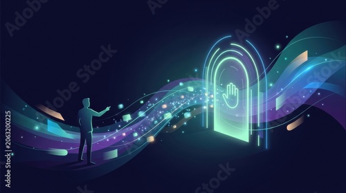 A person stands before a glowing data portal, reaching out to interact with the colorful waves representing digital information flow.