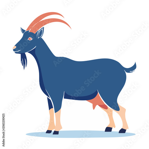 Blue goat with orange horns, flat vector illustration