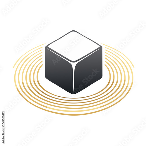 Black cube icon with golden wave signal on transparent background