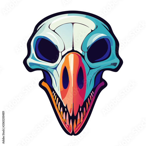 Colorful cartoon bird skull with sharp beak and teeth