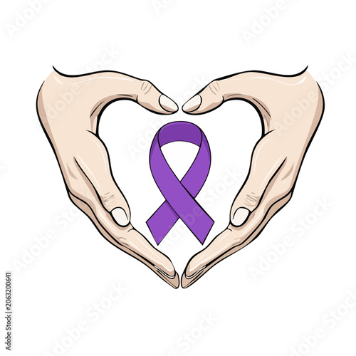 Hands forming heart around purple awareness ribbon