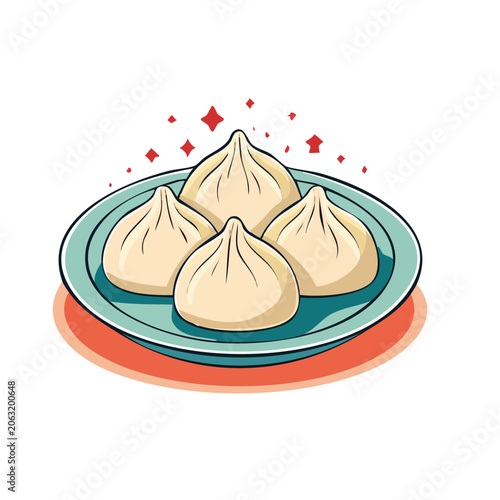Illustration of dumplings on a teal plate with red accents