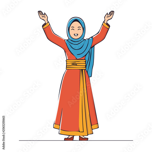 Joyful woman in hijab with raised arms, flat vector illustration