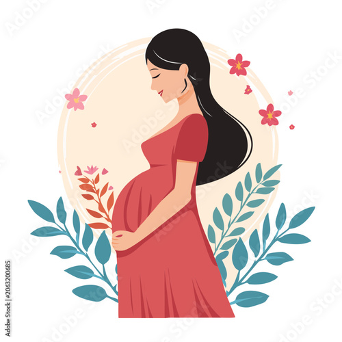 Pregnant woman in red dress with floral background illustration