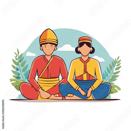 Traditional Couple in Ethnic Costumes Illustration