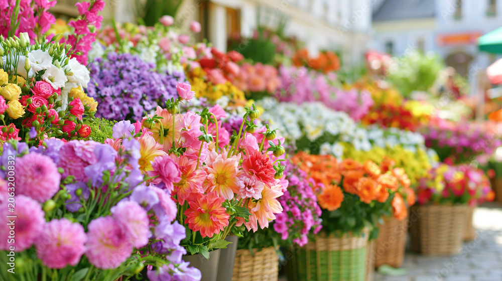 Fototapeta premium Colorful flowers in wicker baskets at outdoor market